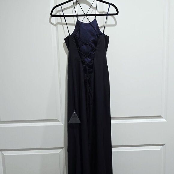 New Bariano - L Navy Blue High-Neck Cross-Back Gown $230 - Picture 6 of 8